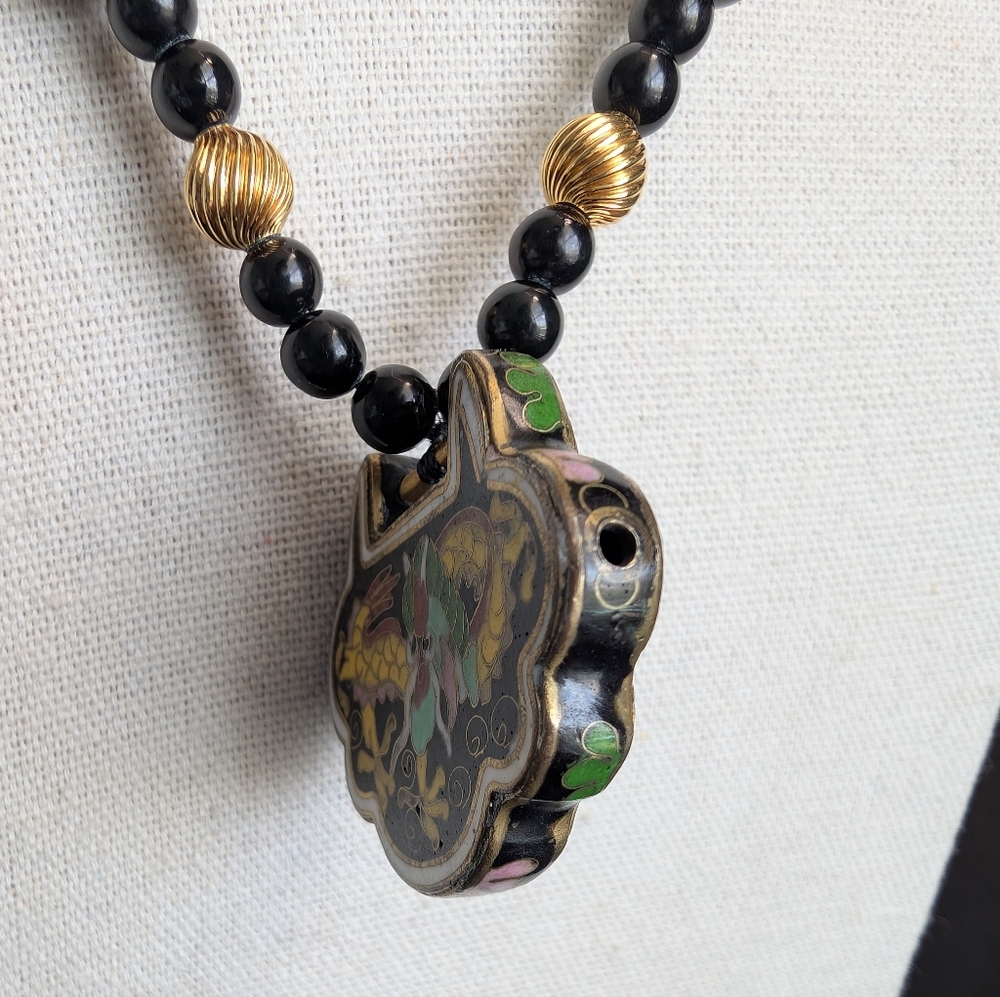 Vintage 925 Les Bernard Obsidian & Cloisonne Sterling Gold Necklace - Estate - Picture 7 of 14